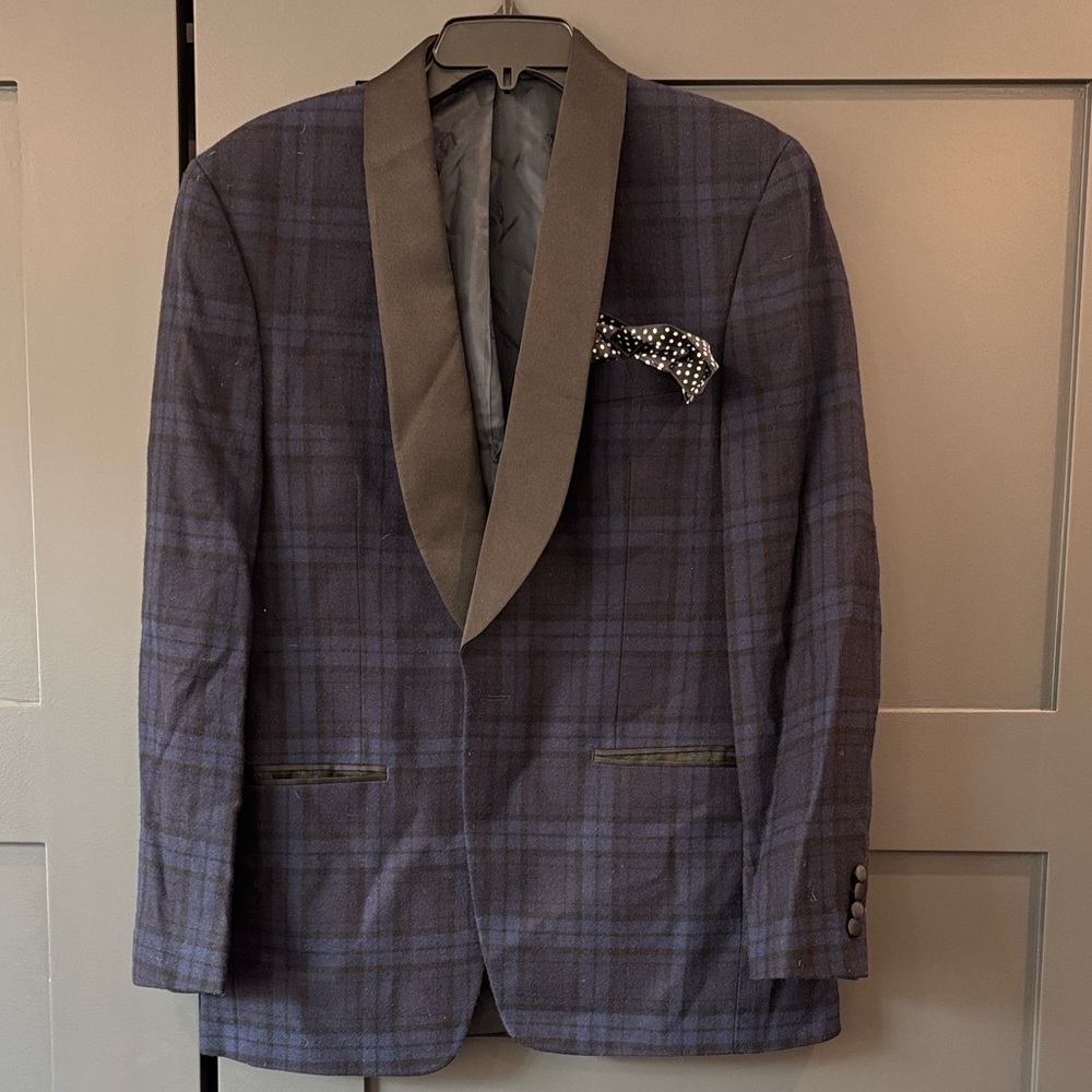 Ralph Lauren Men's Black and Blue Plaid Wool Tuxedo Jacket.